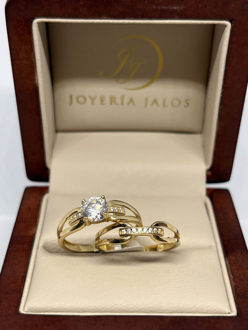 Anillo Compromiso Con Alianza Oro Amarillo 14K Zirconia