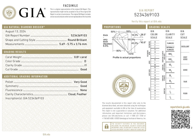 Diamante Natural Desmontado Redondo GIA 0.81 CT